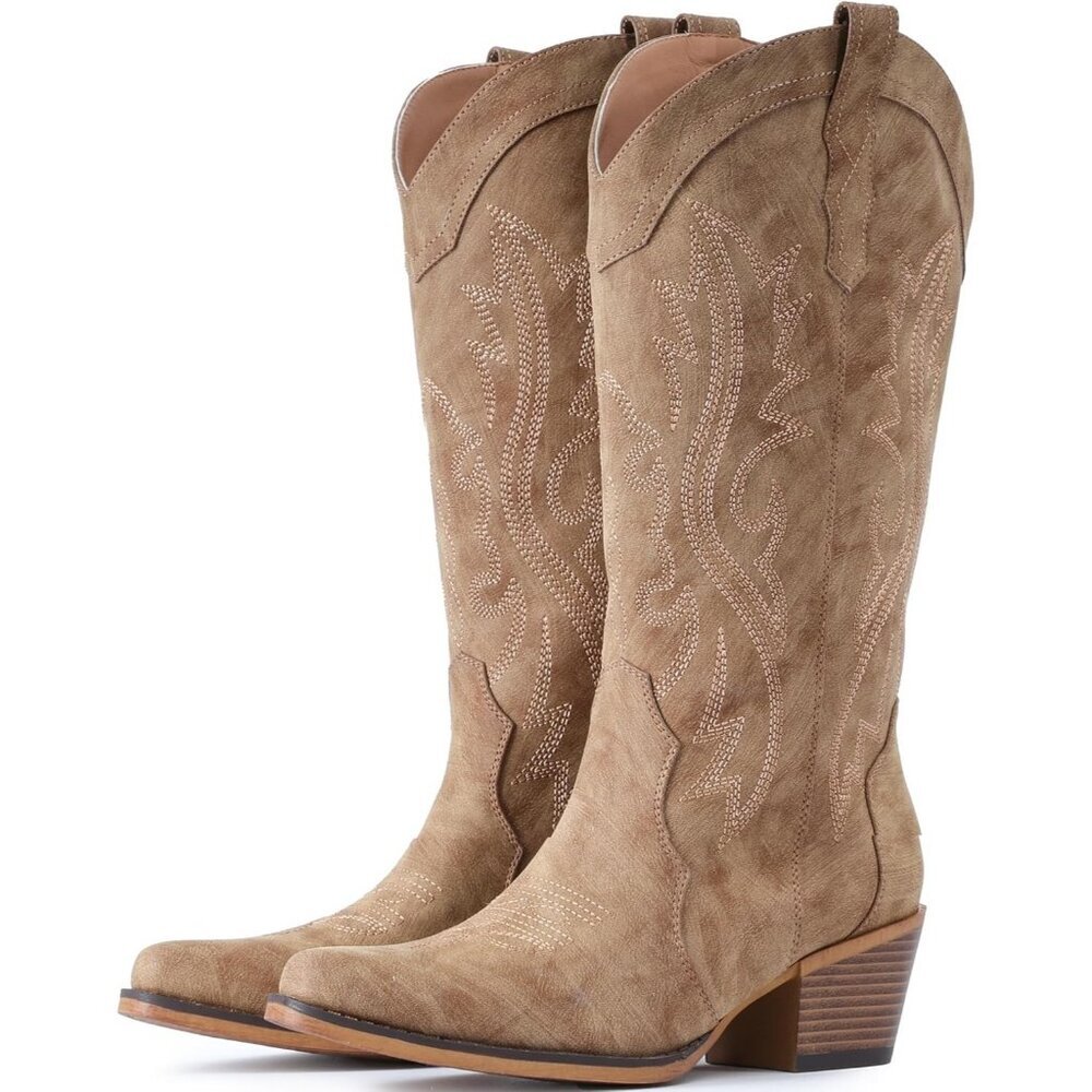 🆕Women Camel Faux Leather Western Cowgirl Chunky Heel Mid Calf Snip Toe Boots - Picture 5 of 10